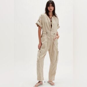 Free People Tan Striped Jumpsuit